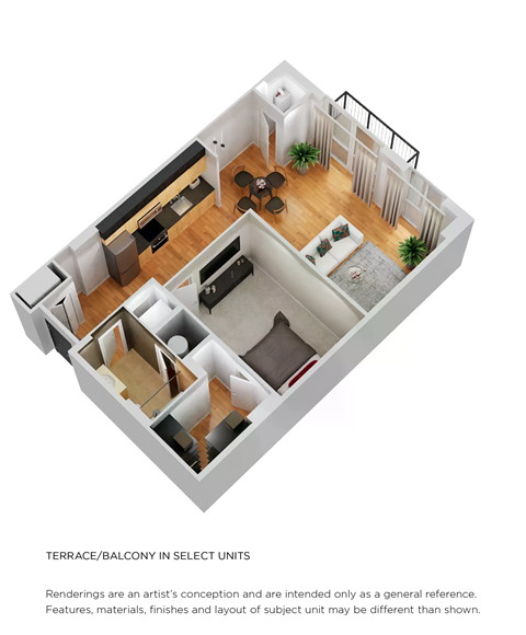 Floor plan for 1 bed, 1 bath, 681 sqft